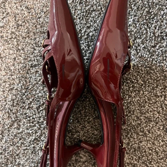 Miu Miu Burgundy Patent Leather Pointed Slingback Flats with Gold Buckles - Picture 5 of 7